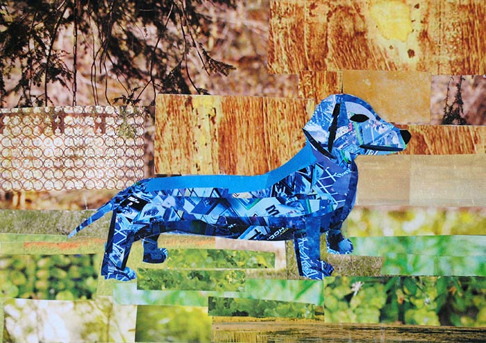 Blue Dachshund's Day Out by collage artist Megan Coyle