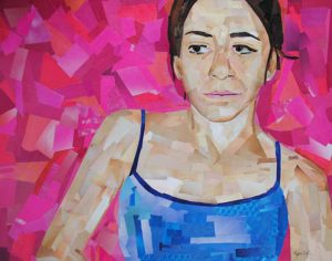 Figure Posed in front of Pink by collage artist Megan Coyle